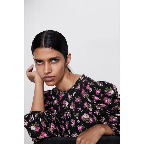 Zara Printed Long Sleeve Black Florals Midi Dress Size Small - Picture 6 of 15